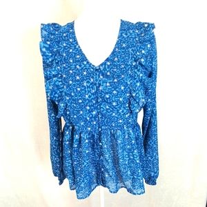 Moon Orchid blue print long sleeved button down blouse M